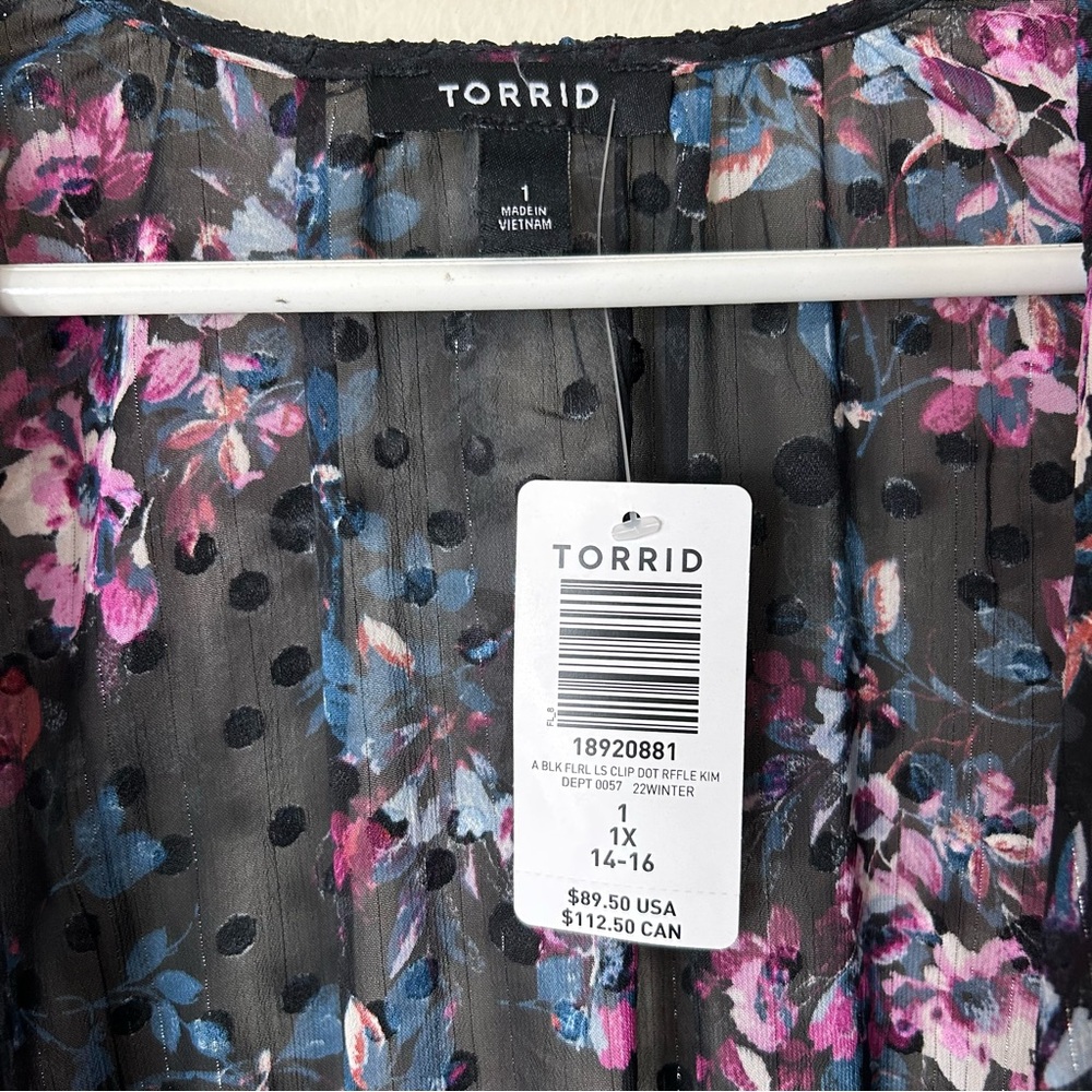 Torrid black floral clip dot long bell sleeve kimono womens 1X NWT - Picture 10 of 11